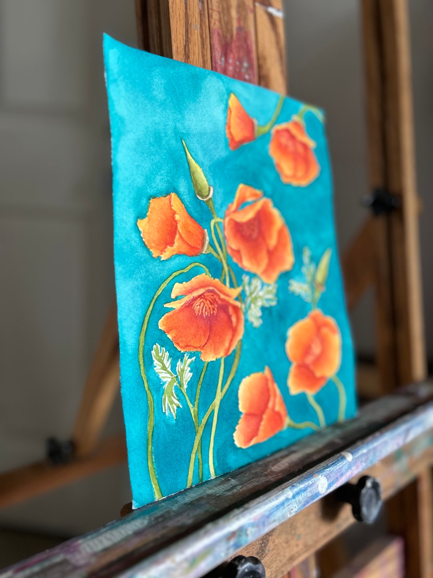 Golden Poppies on Teal Original Watercolor Painting -  8x10"