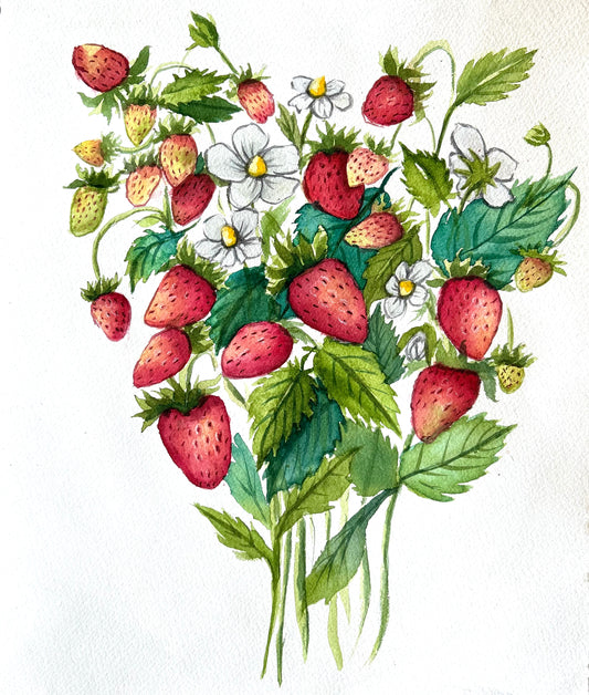 Wild Strawberry Bouquet Original Watercolor Painting 10x12"