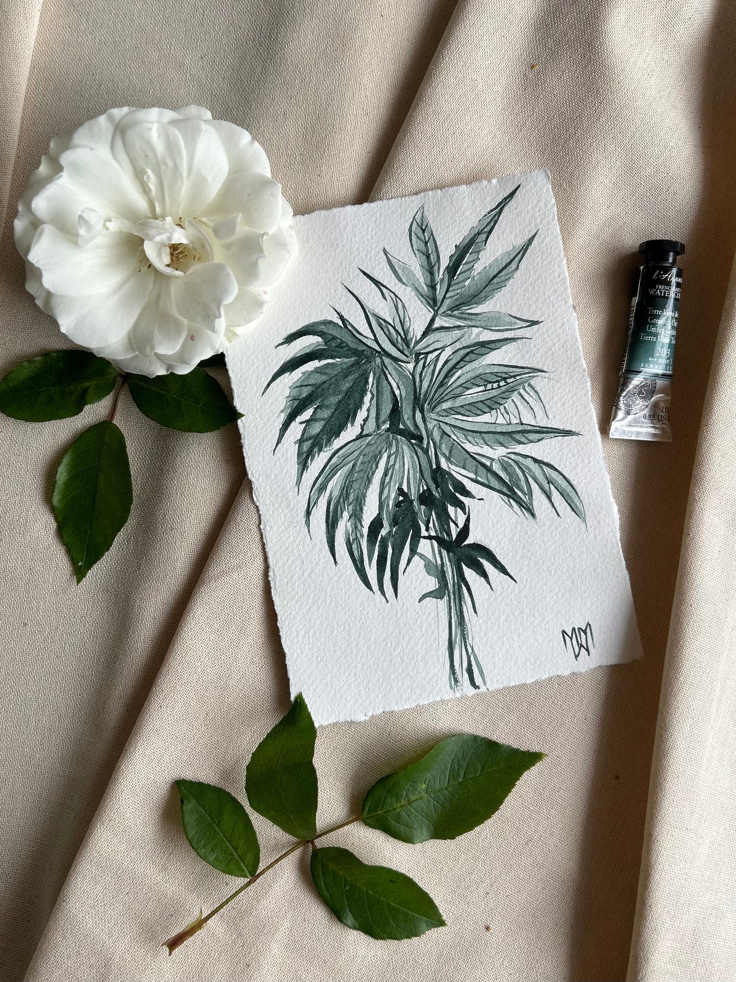 Cannabis Bouquet Original Watercolor Painting 5x7"