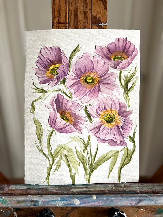 Lilac Poppies Original Watercolor Painting -  9x12"