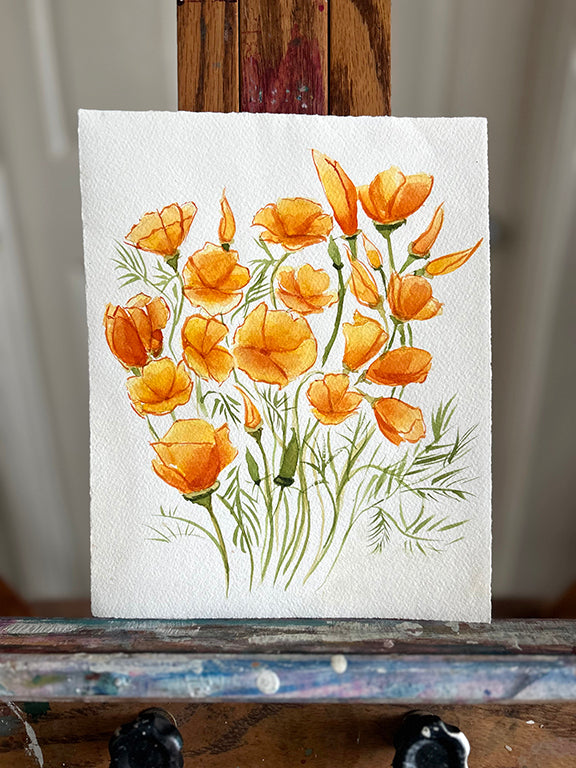 Golden Poppies 2 Original Watercolor Painting - 8X10"