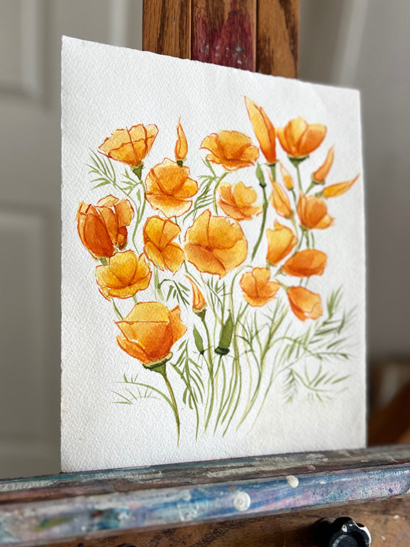 Golden Poppies 2 Original Watercolor Painting - 8X10"