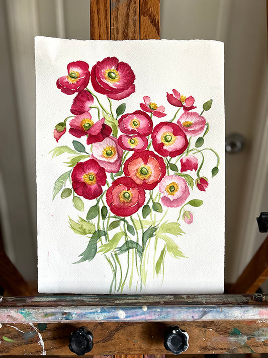 Red Shirley Poppies Original Watercolor Painting - 11x15"