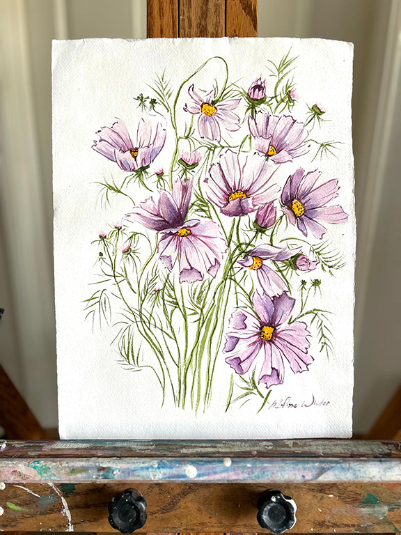 Lilac Cosmos Original Watercolor Painting - 11x15"