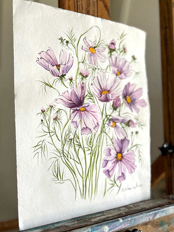 Lilac Cosmos Original Watercolor Painting - 11x15"