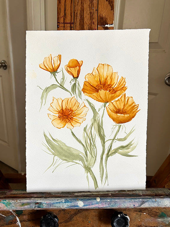 Yellow Poppies Original Watercolor Painting -  9x12"