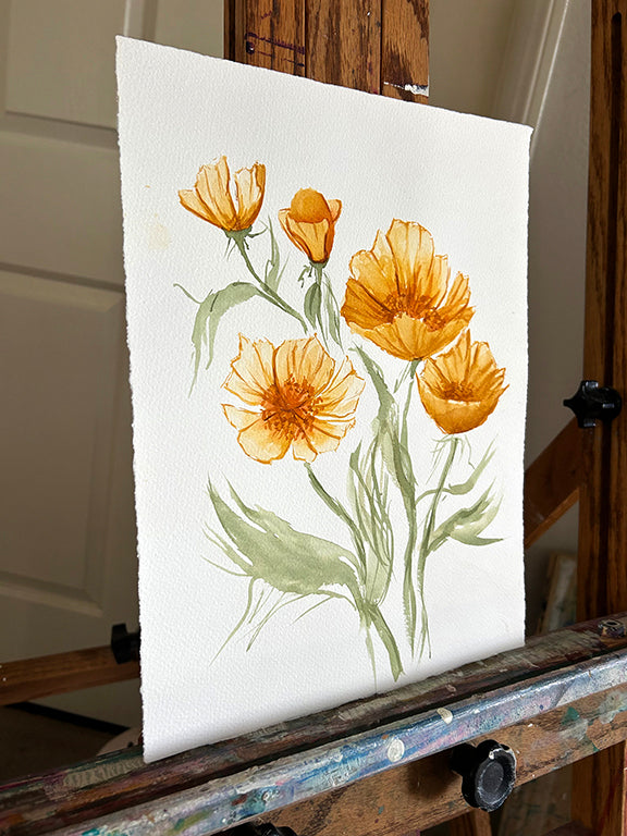 Yellow Poppies Original Watercolor Painting -  9x12"