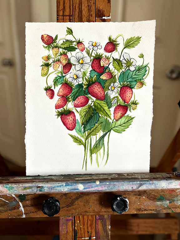 Wild Strawberry Bouquet Original Watercolor Painting 10x12"