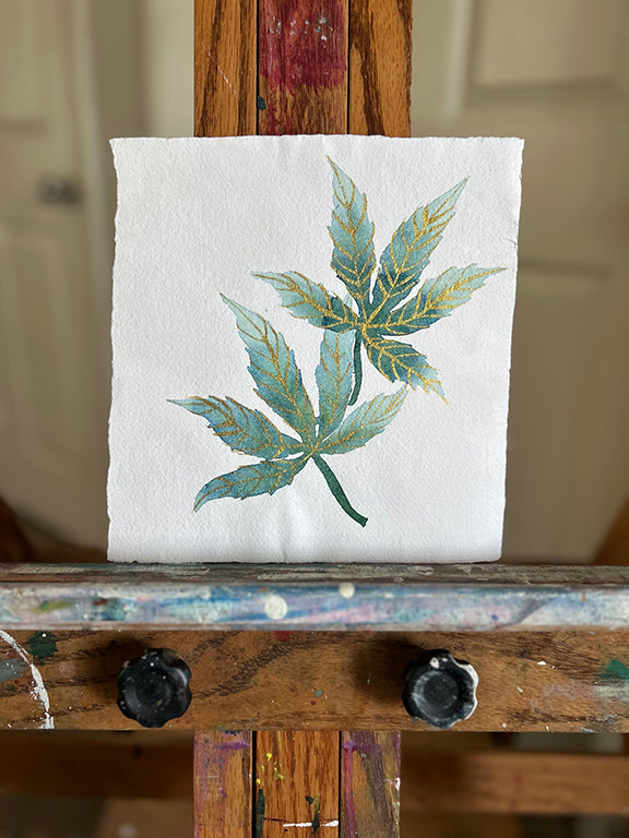 Cannabis Leaves with Gold Original Watercolor Painting 8x8"