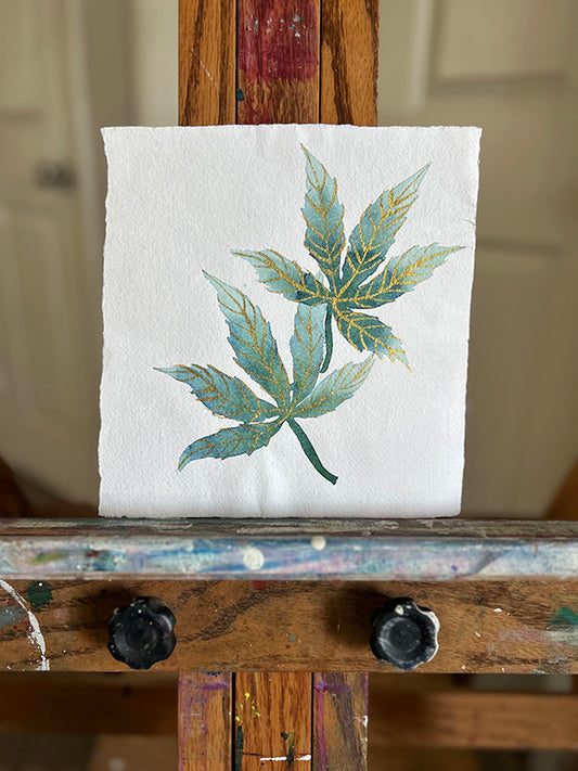 Cannabis Leaves with Gold Original Watercolor Painting 8x8"