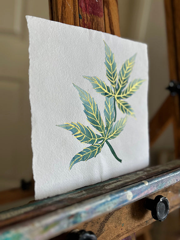 Cannabis Leaves with Gold Original Watercolor Painting 8x8"