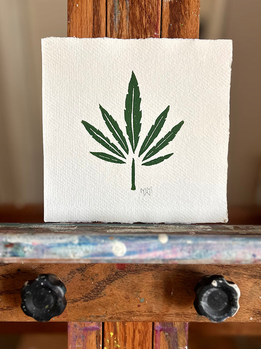 Cannabis Leaf in Green - Original Hand Pulled Linocut Print