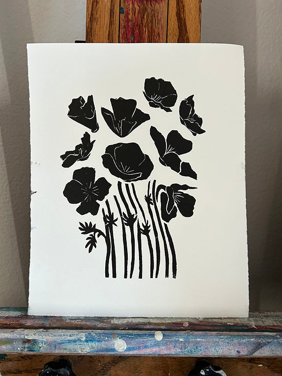 California Poppies - Original Hand Pulled Linocut Print B&W