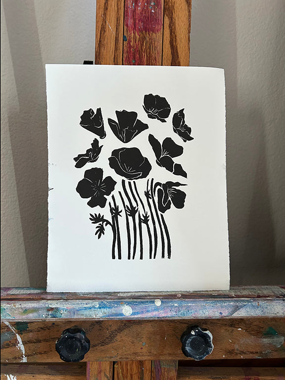 California Poppies - Original Hand Pulled Linocut Print B&W