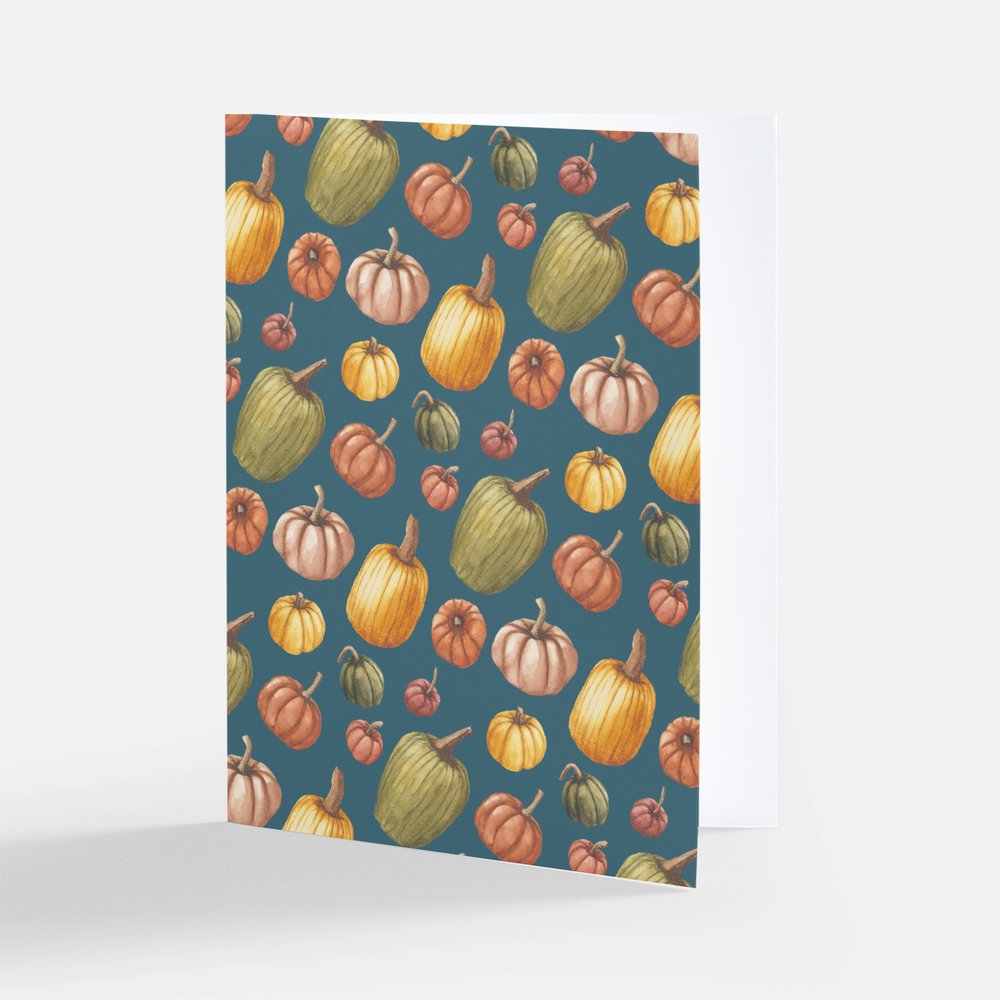 Notecard, blank inside - Fall Pumpkins, teal