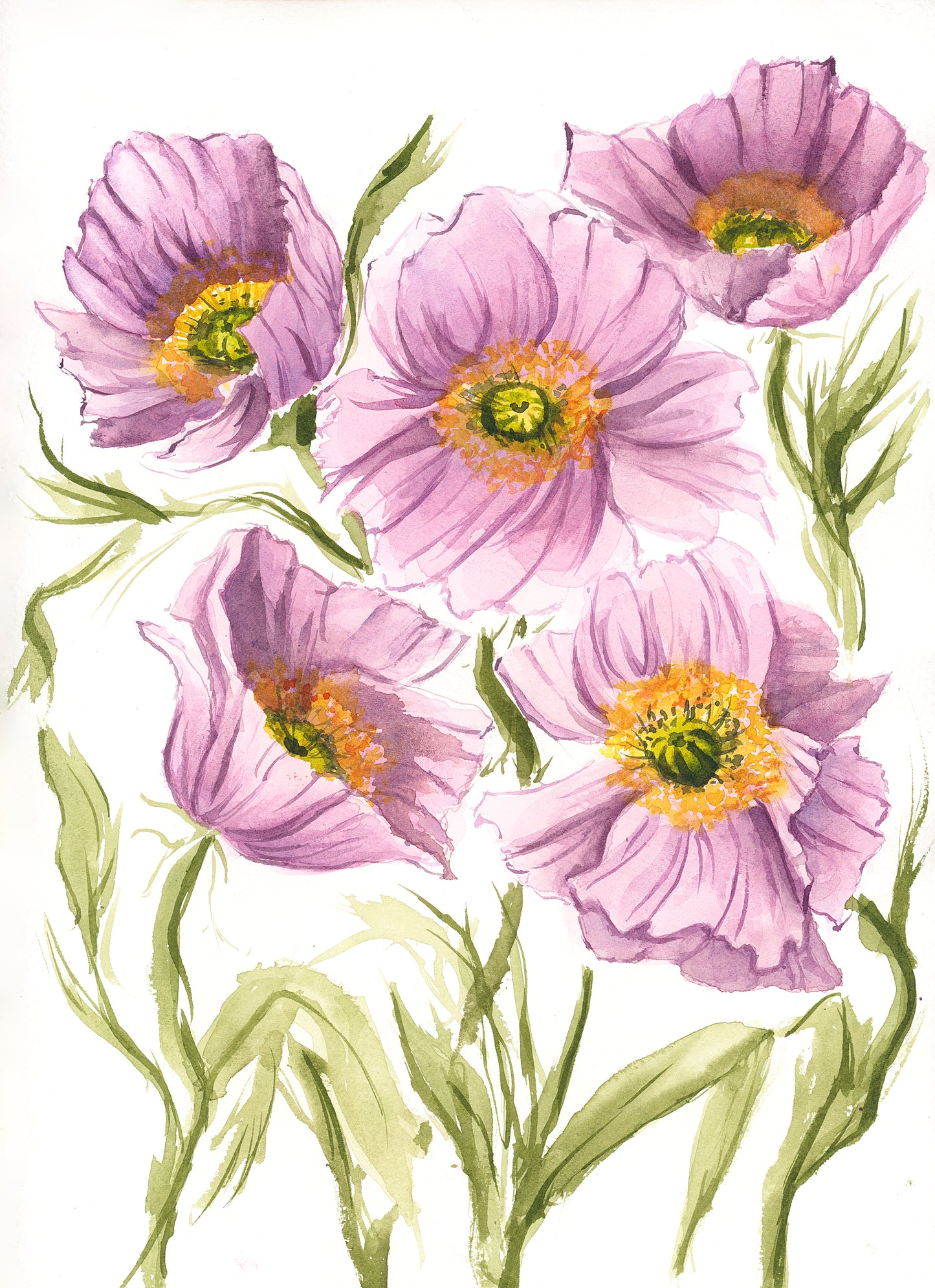 Lilac Poppies Original Watercolor Painting 9x12"